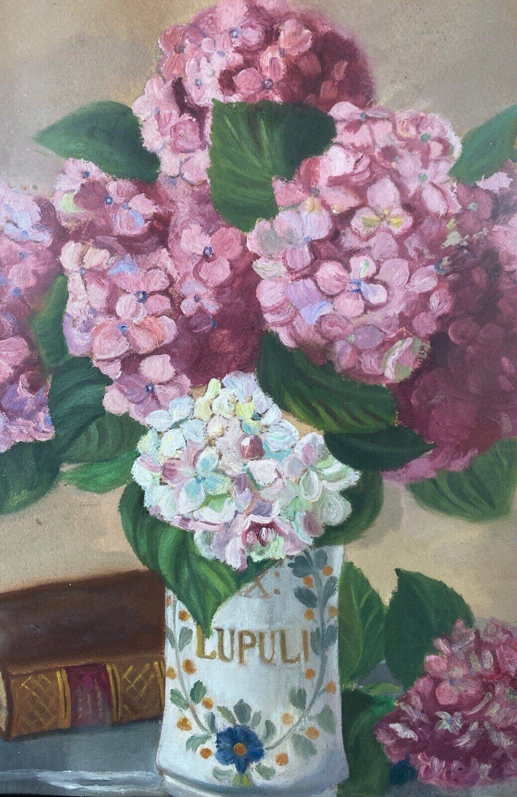 20th century still life watercolor bouquet of hydrangeas in a golden frame