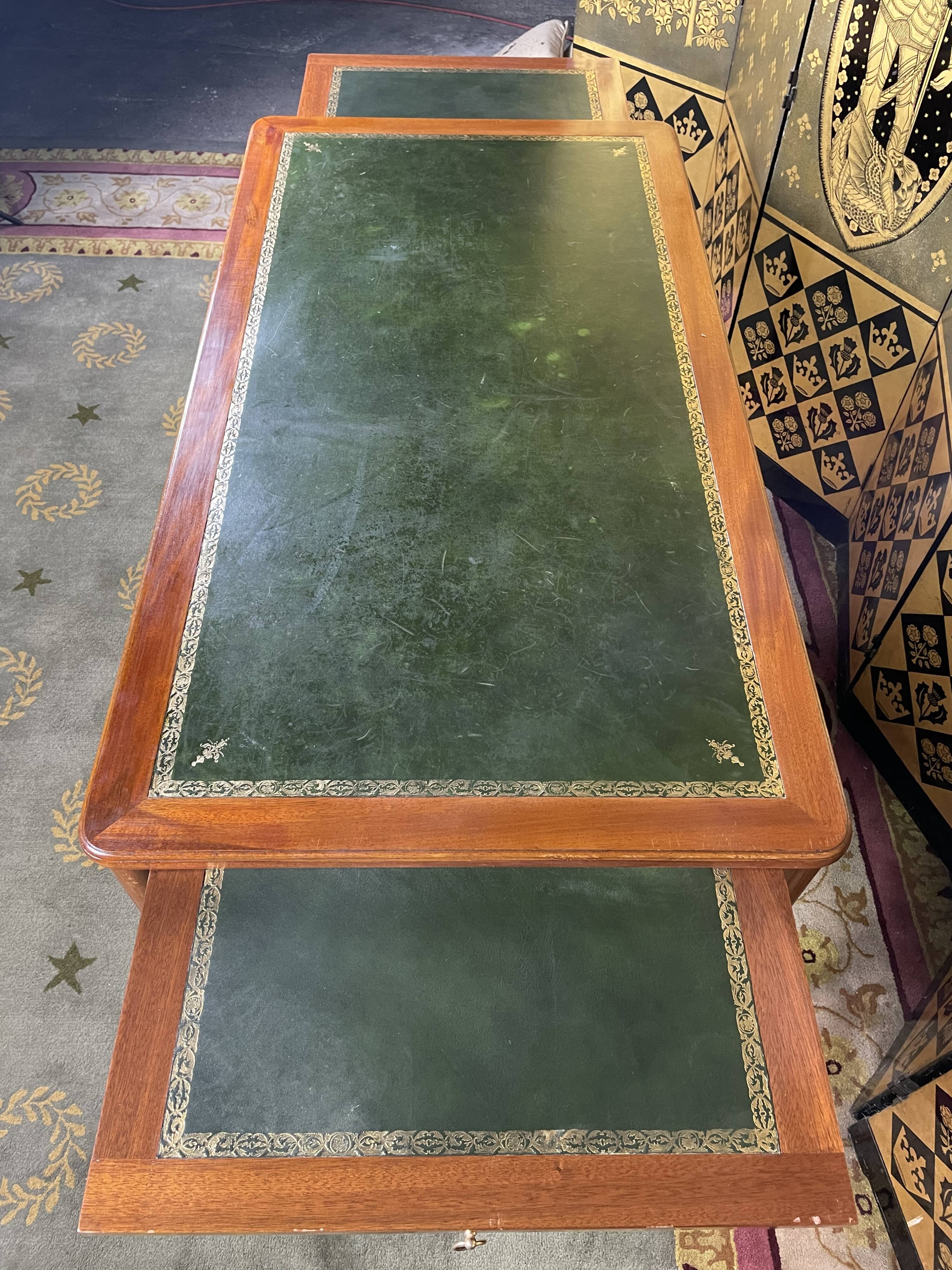 Louis XVI style flat desk in mahogany and green leather
