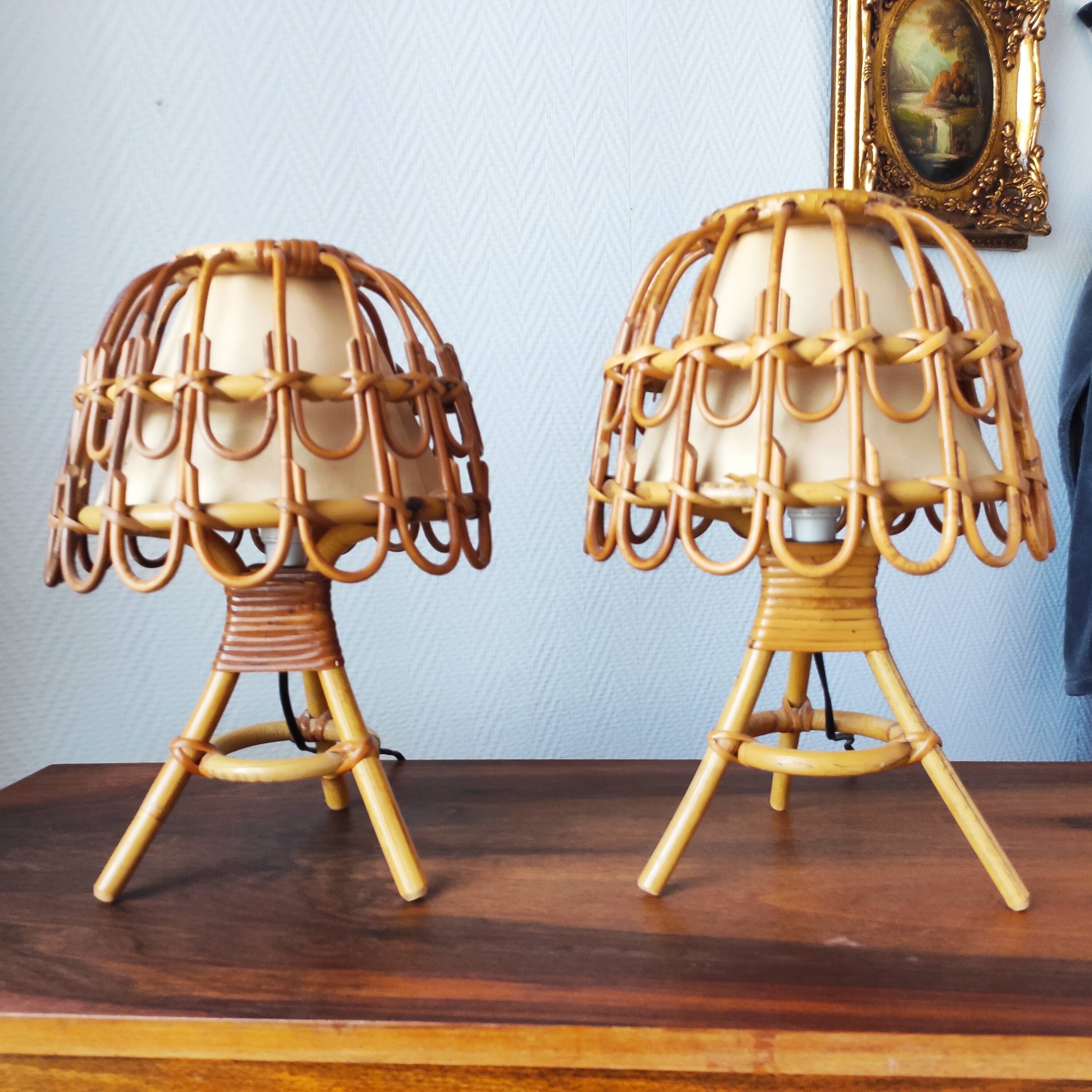 Pair of vintage 70s rattan lamps