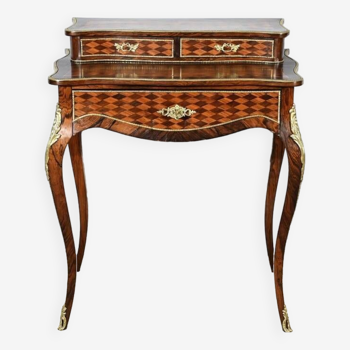 Small Lady's Desk with Tiered Precious Wood, Louis XV style, Napoleon III period - Mid-19th century