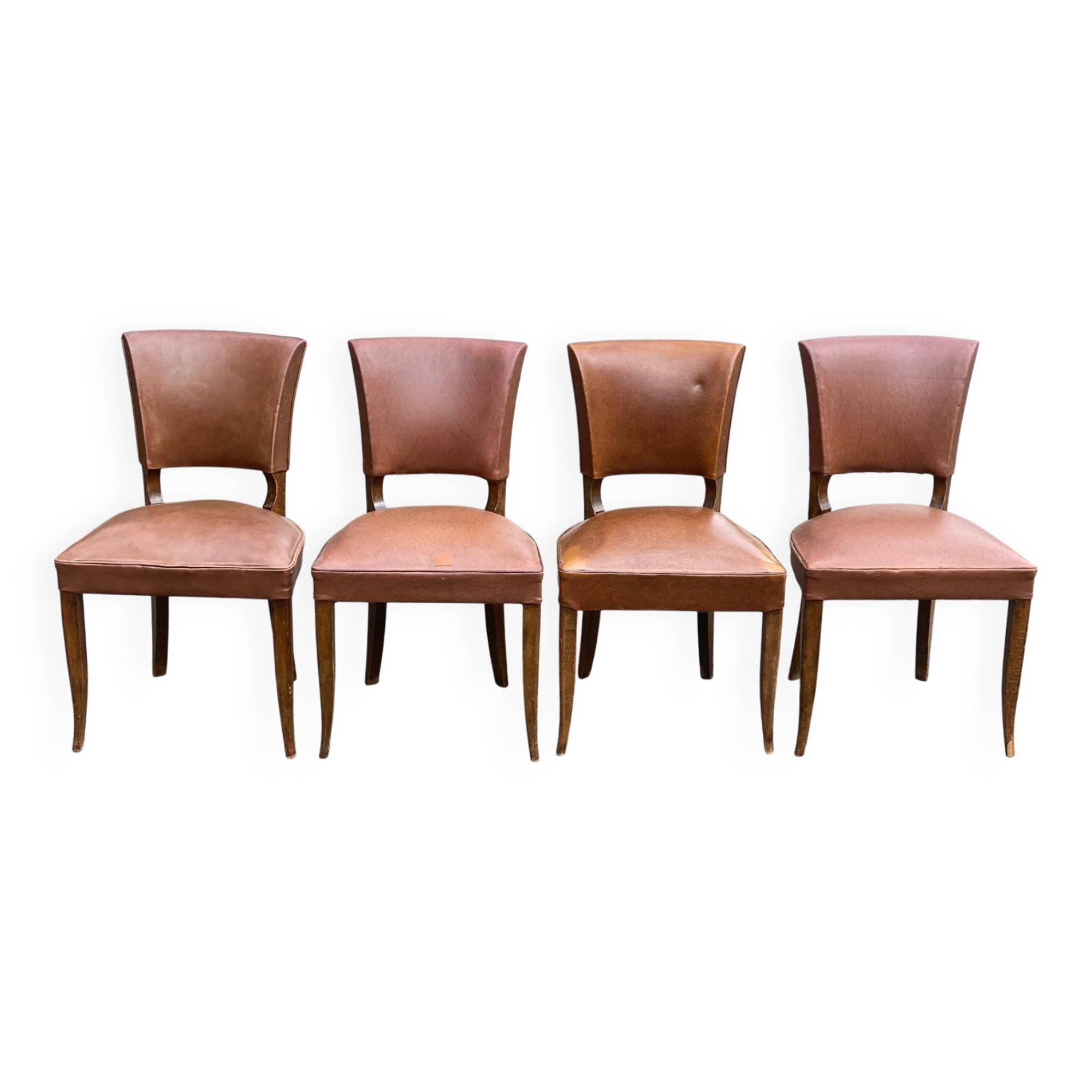 4 art deco chairs in solid wood and brown leather, 1930