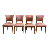 4 art deco chairs in solid wood and brown leather, 1930