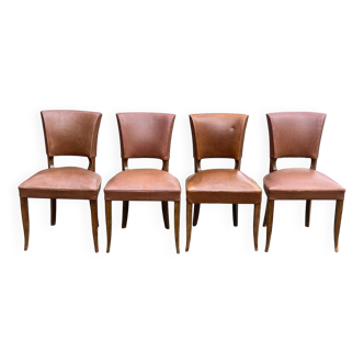 4 art deco chairs in solid wood and brown leather, 1930