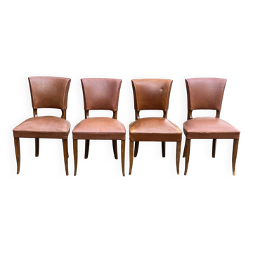 4 art deco chairs in solid wood and brown leather, 1930