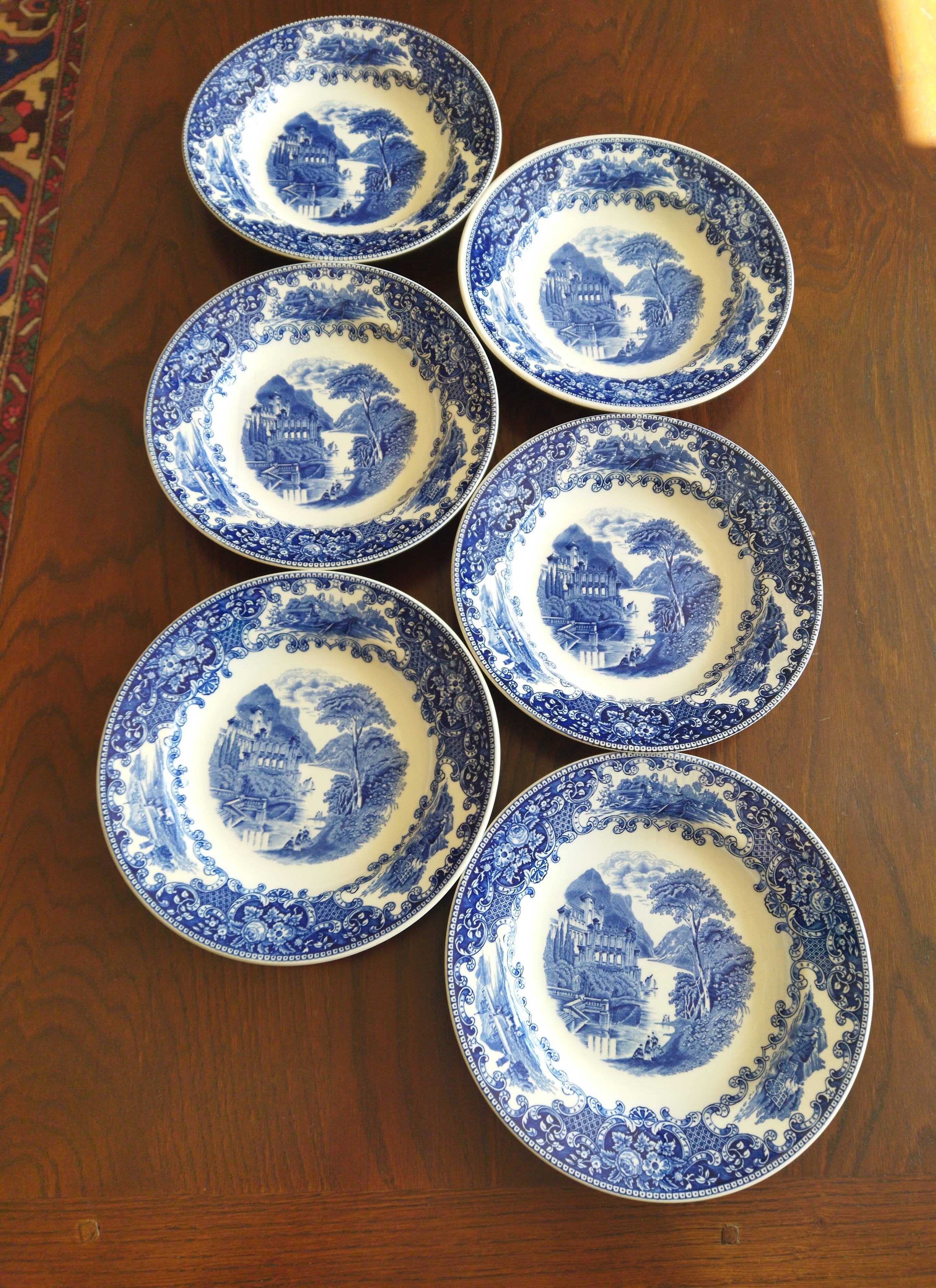 Royal Sphinx Maestricht P. Regout "Cambridge Old England" blue & white soup plates