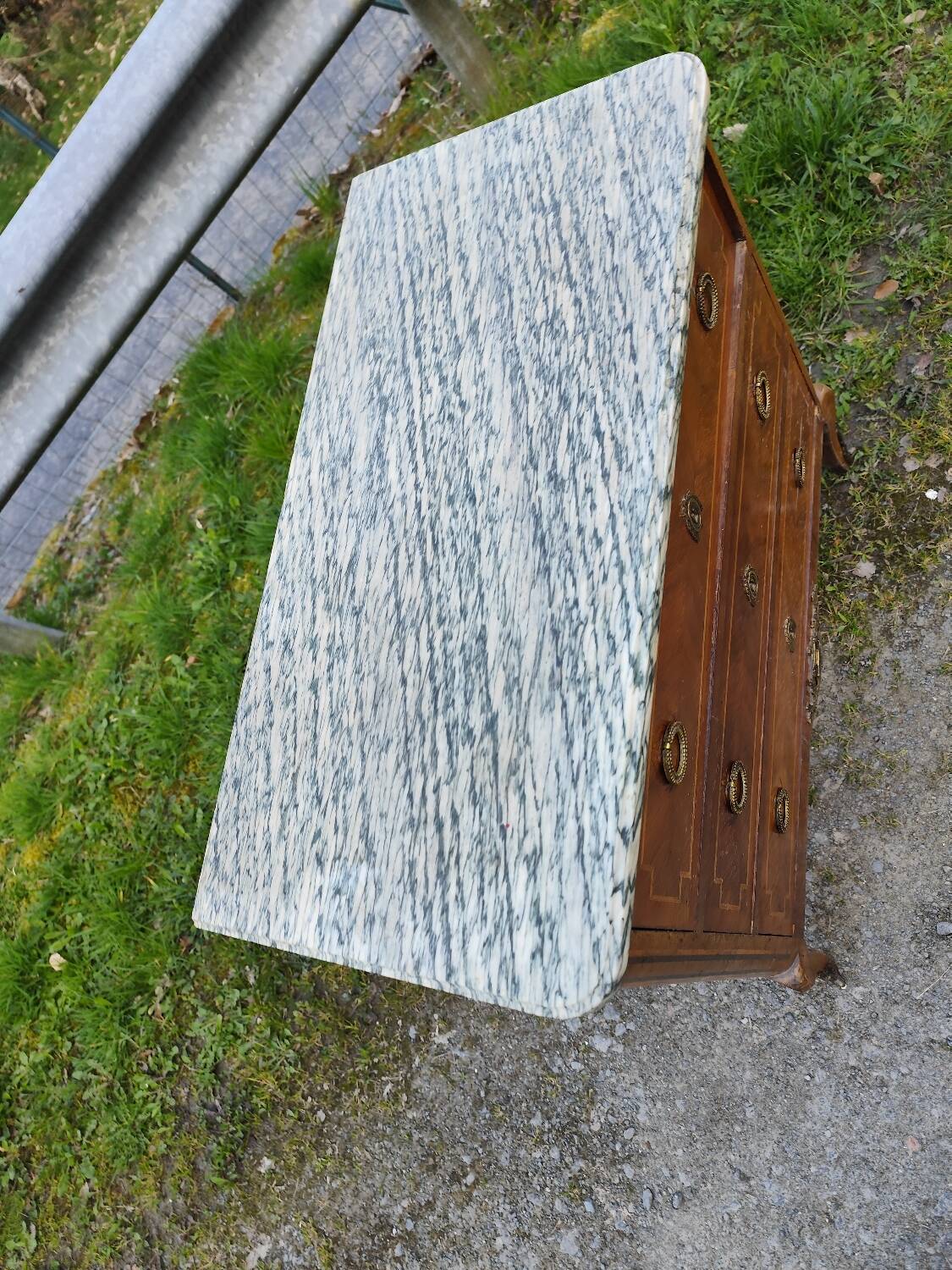 Louis XV, Louis XVI transitional style chest of drawers in marble and wood marquetry