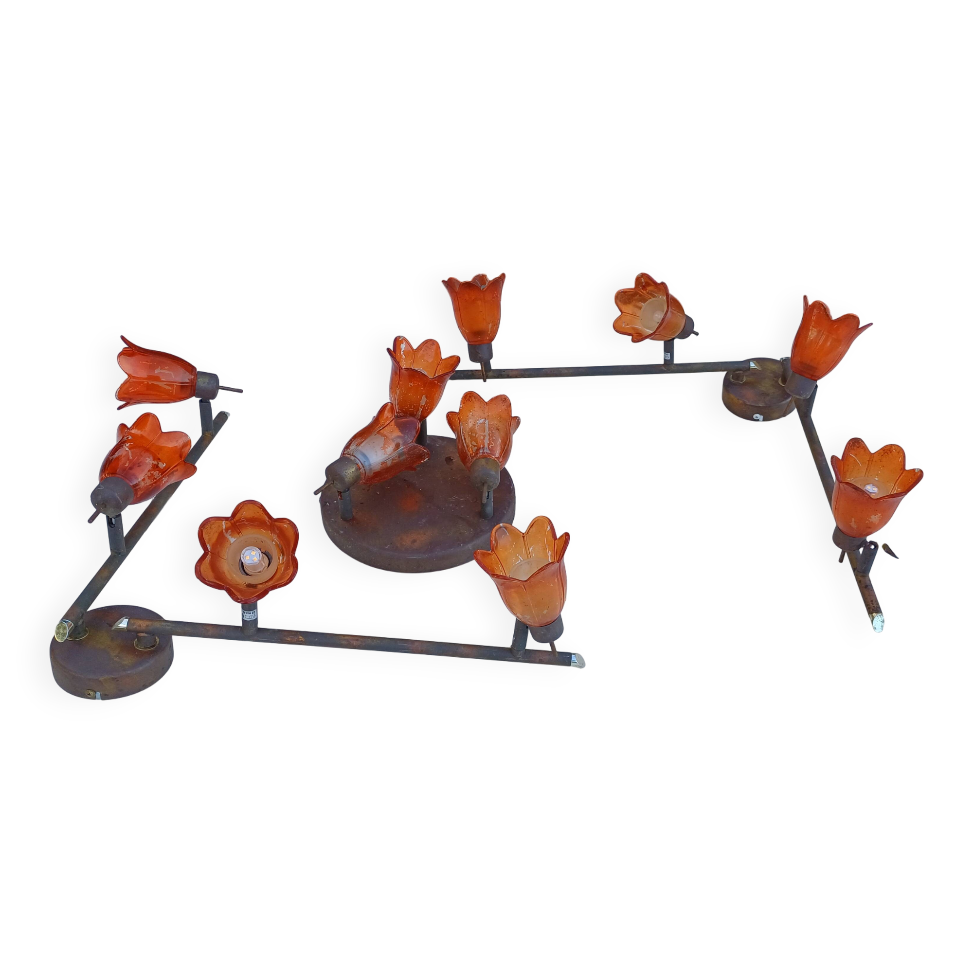 3 Vintage Gold Metal Glass Tulip Pendant Lights