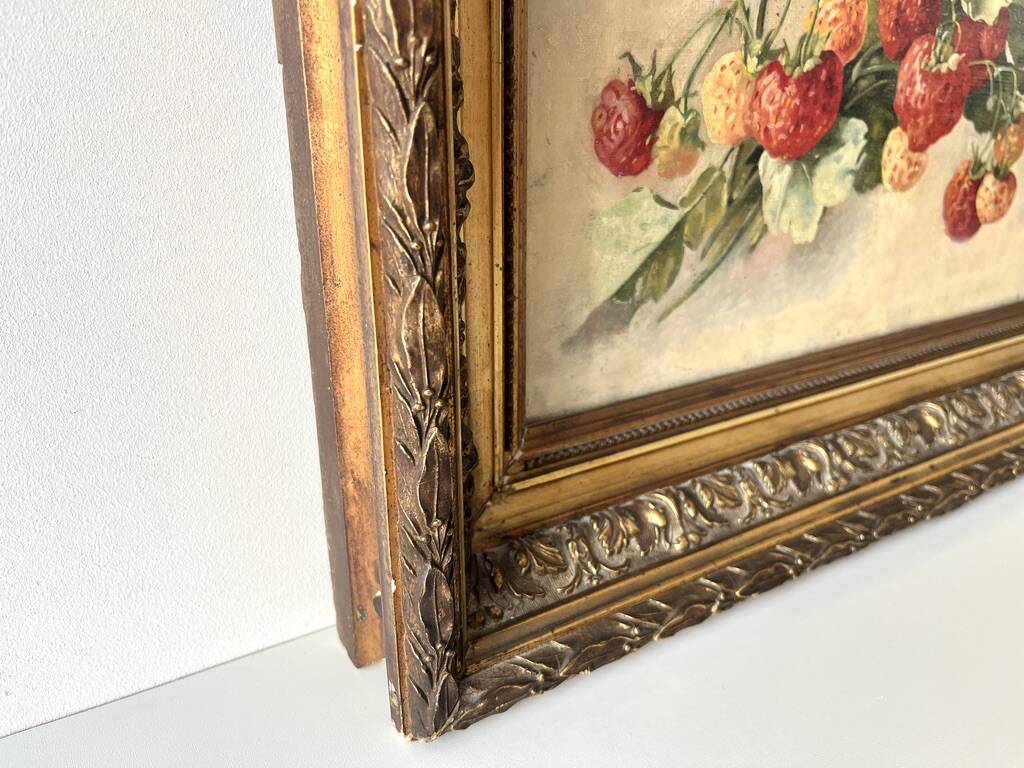 Oil on canvas of a still life with strawberries 1911, antique framed painting