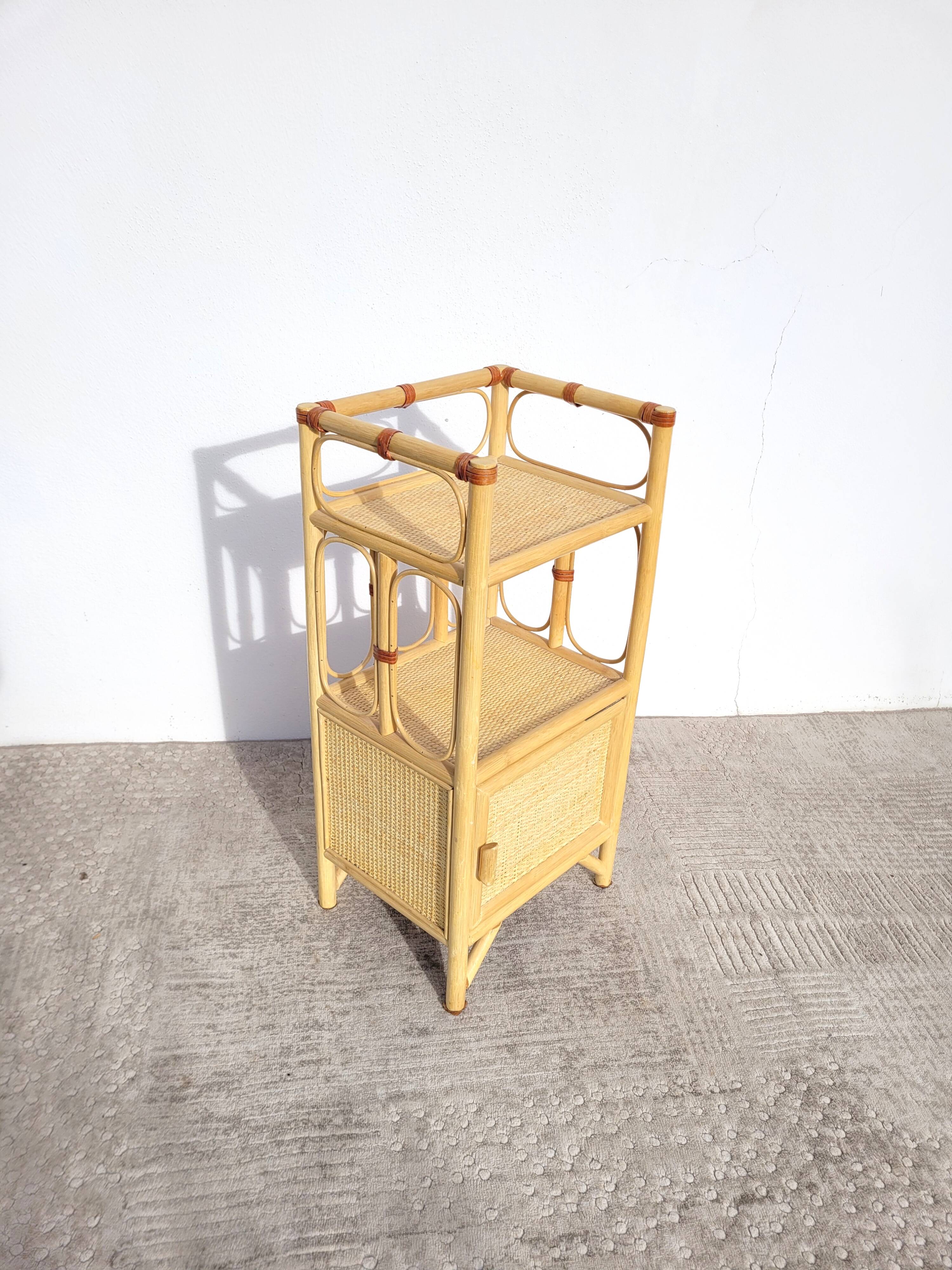 Small vintage rattan shelf bedside table