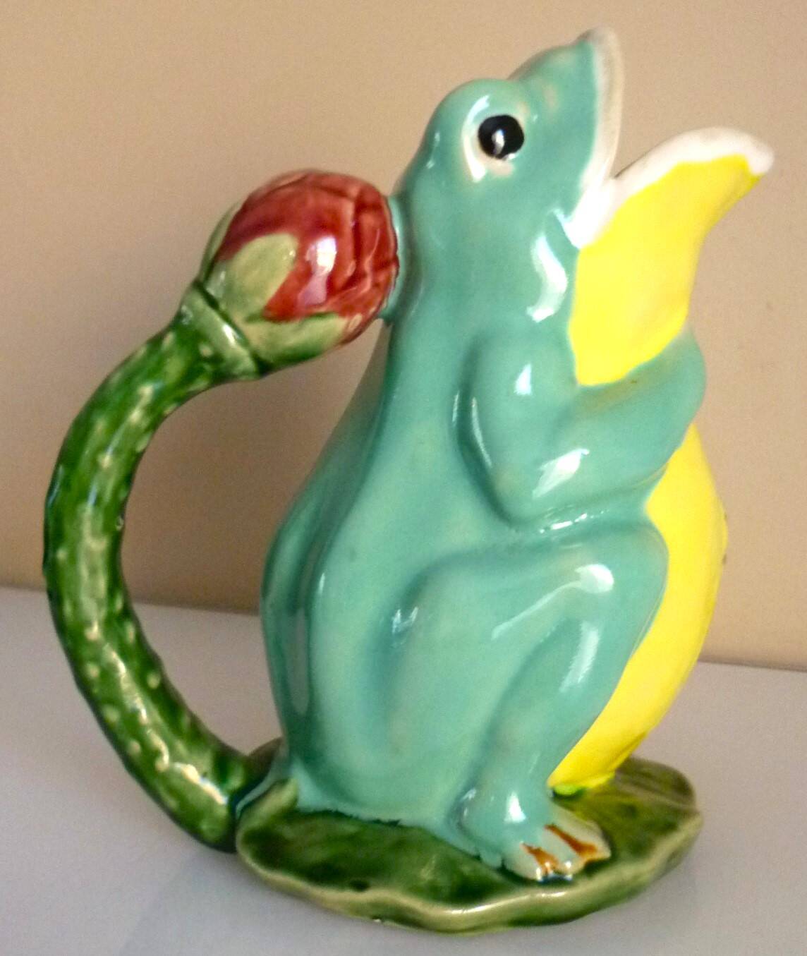 Frog pitcher, glazed ceramic, slipware, signed Athezza Franca