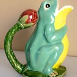 Frog pitcher, glazed ceramic, slipware, signed Athezza Franca