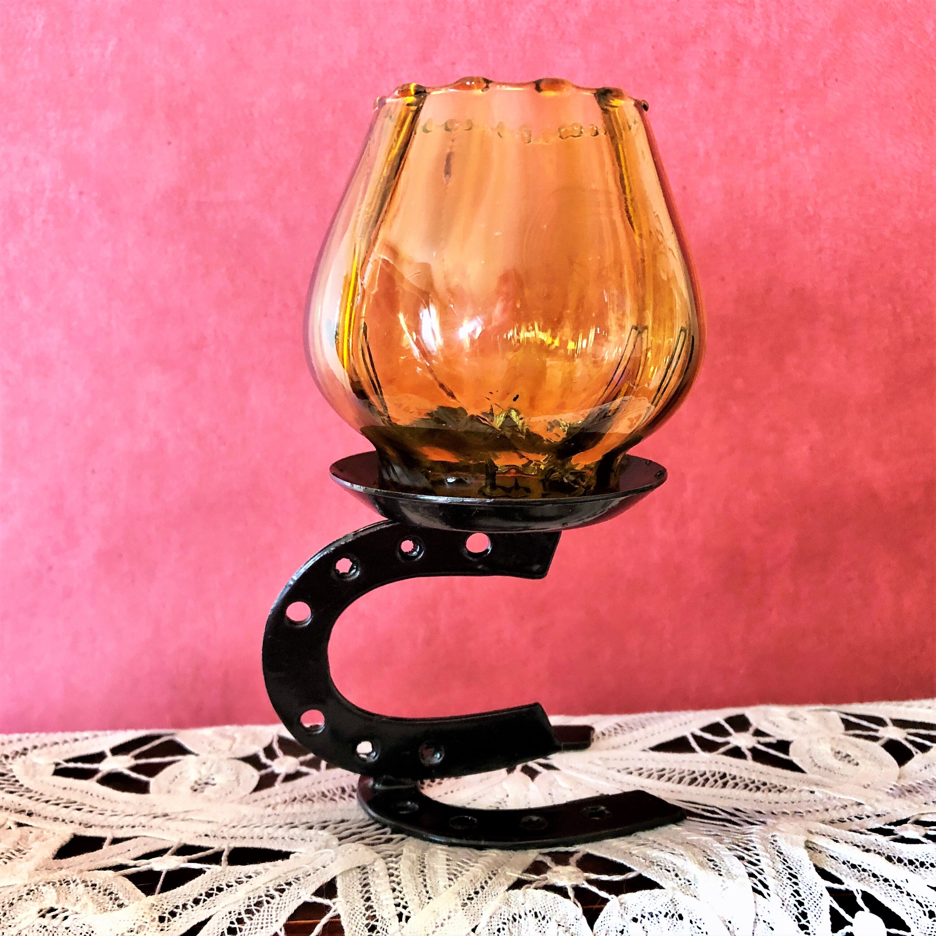 Candle holder photophore metal horseshoe and vintage amber glass