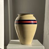 Large beige vase with blue and pink trim H27 D21