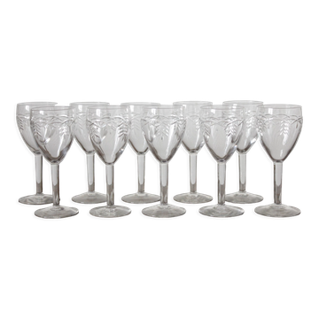 10 verres à vin porto en cristal gravé en frise vintage