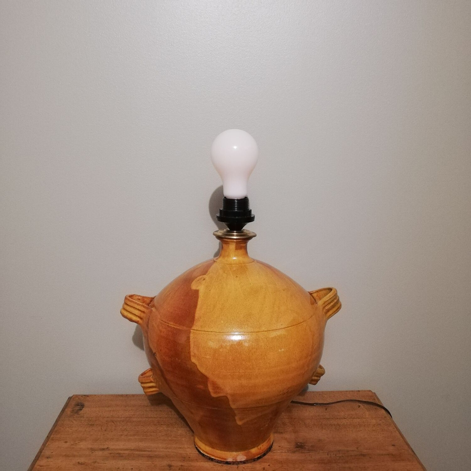 Vintage glazed stoneware lamp with hand-painted lampshade