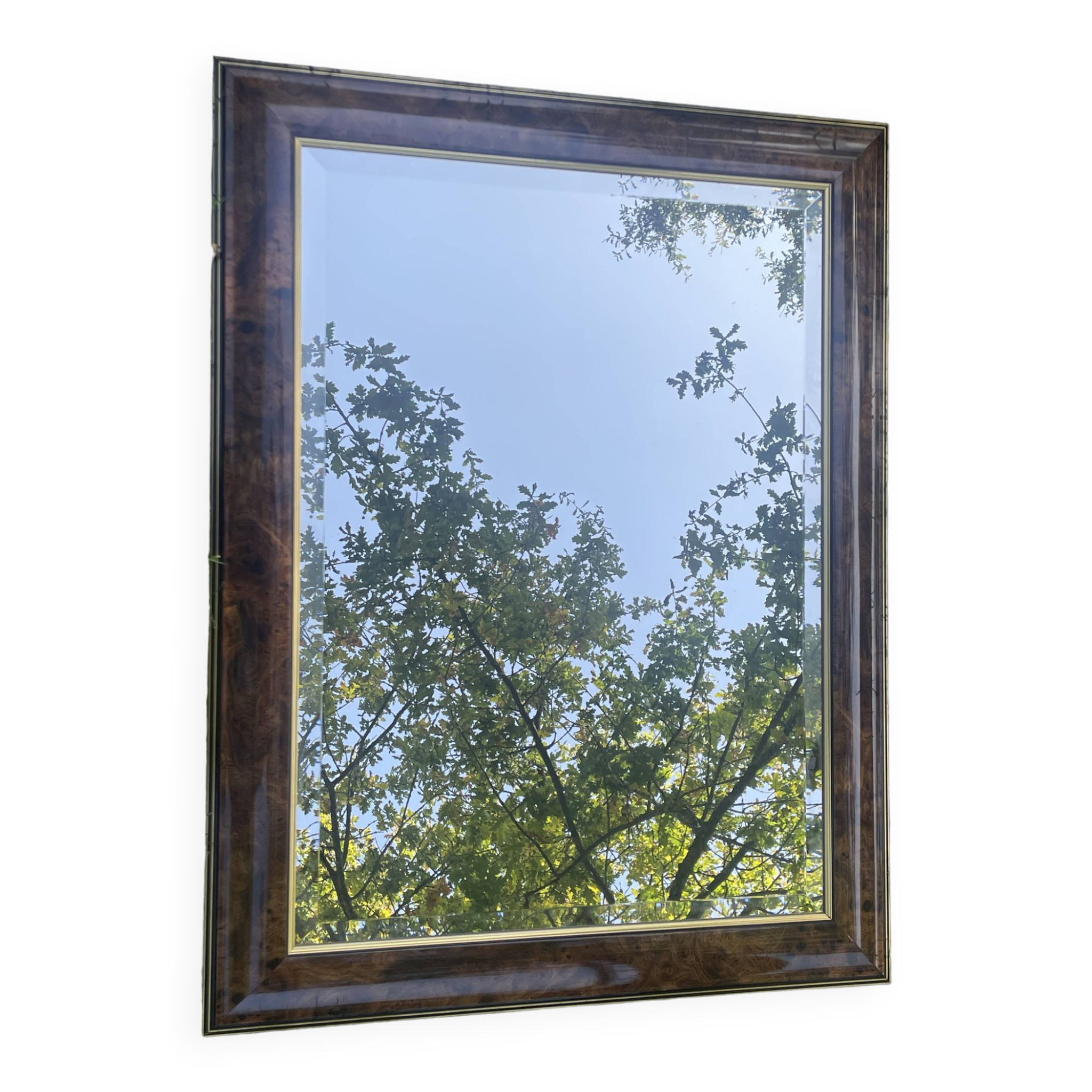 Large natural wood moulding mirror, gold fillet highlight, bevelled mirror, (La Gatvinière)