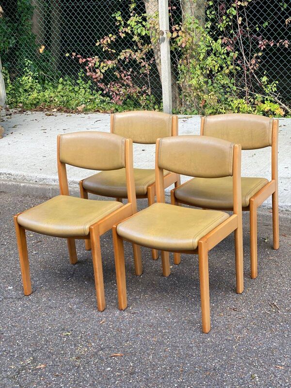 4 chaises Scandinaves Baumann bois massif et cuir beige 1960
