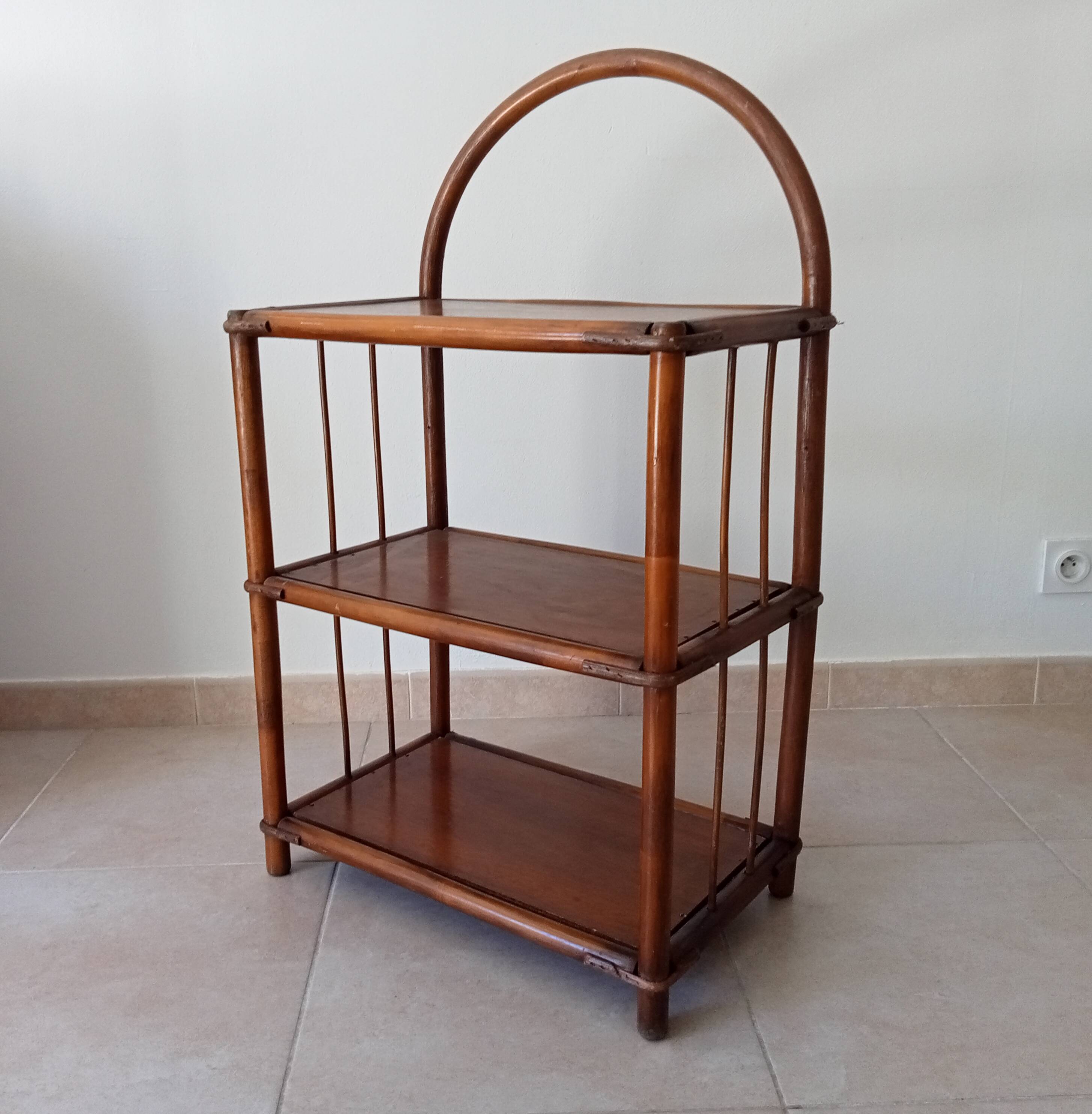 Vintage bamboo and rattan standing shelf