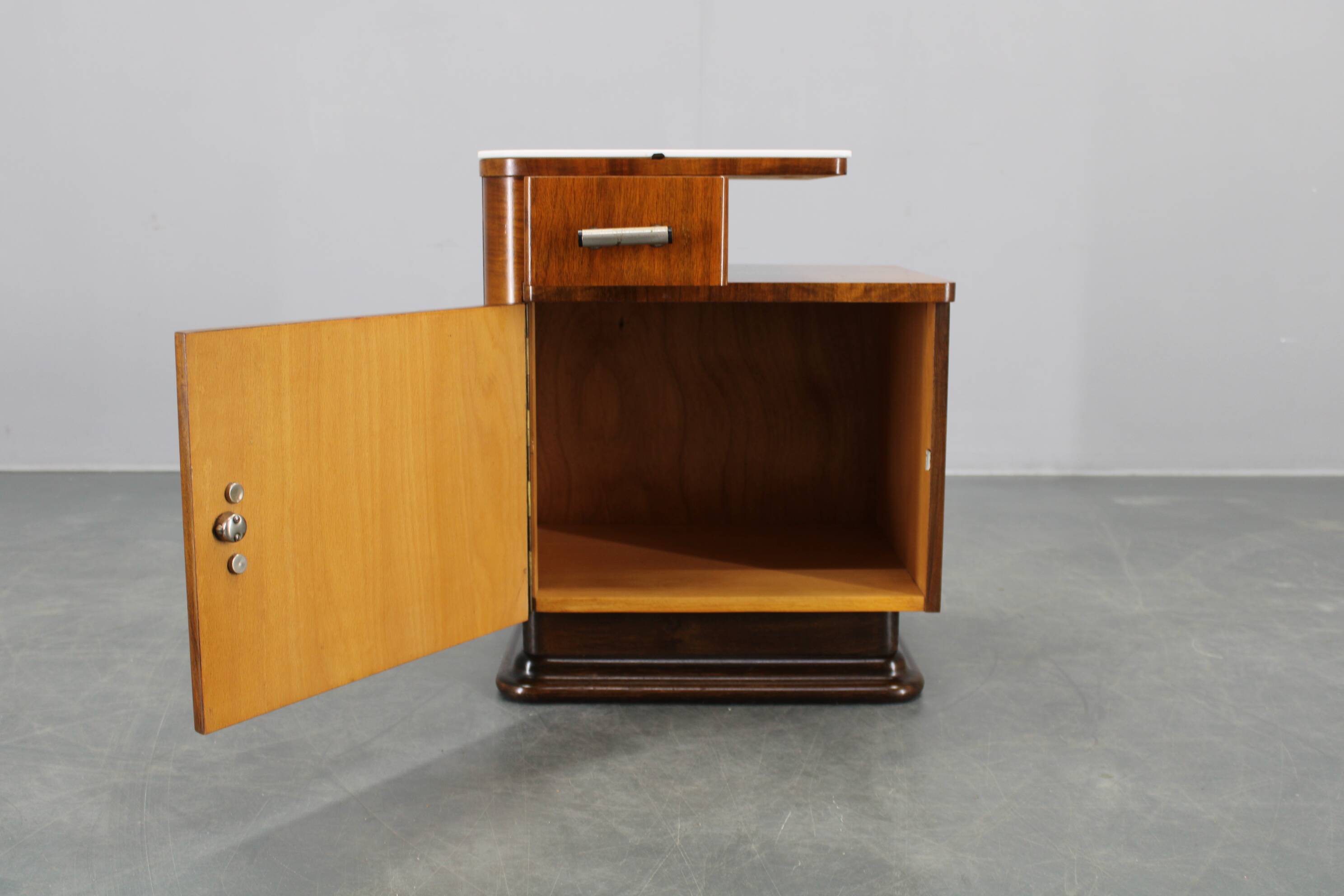 1940s night stand in walnut finish with glass top, Czechoslovakia
