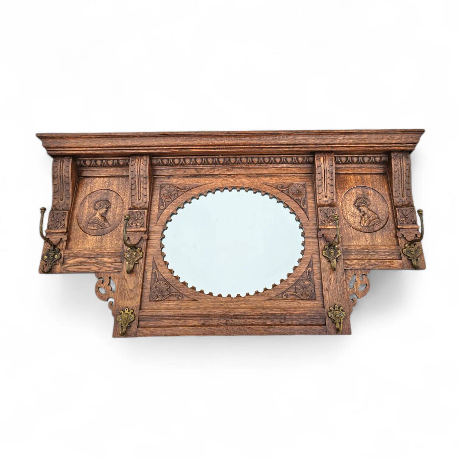 Dutch entryway wall coat rack / solid wood / carved decorations and mirror in the center / 1950s