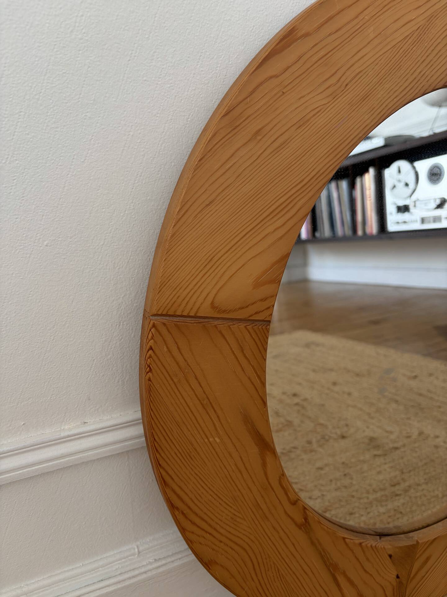 Round Scandinavian pine mirror from the 1970s.