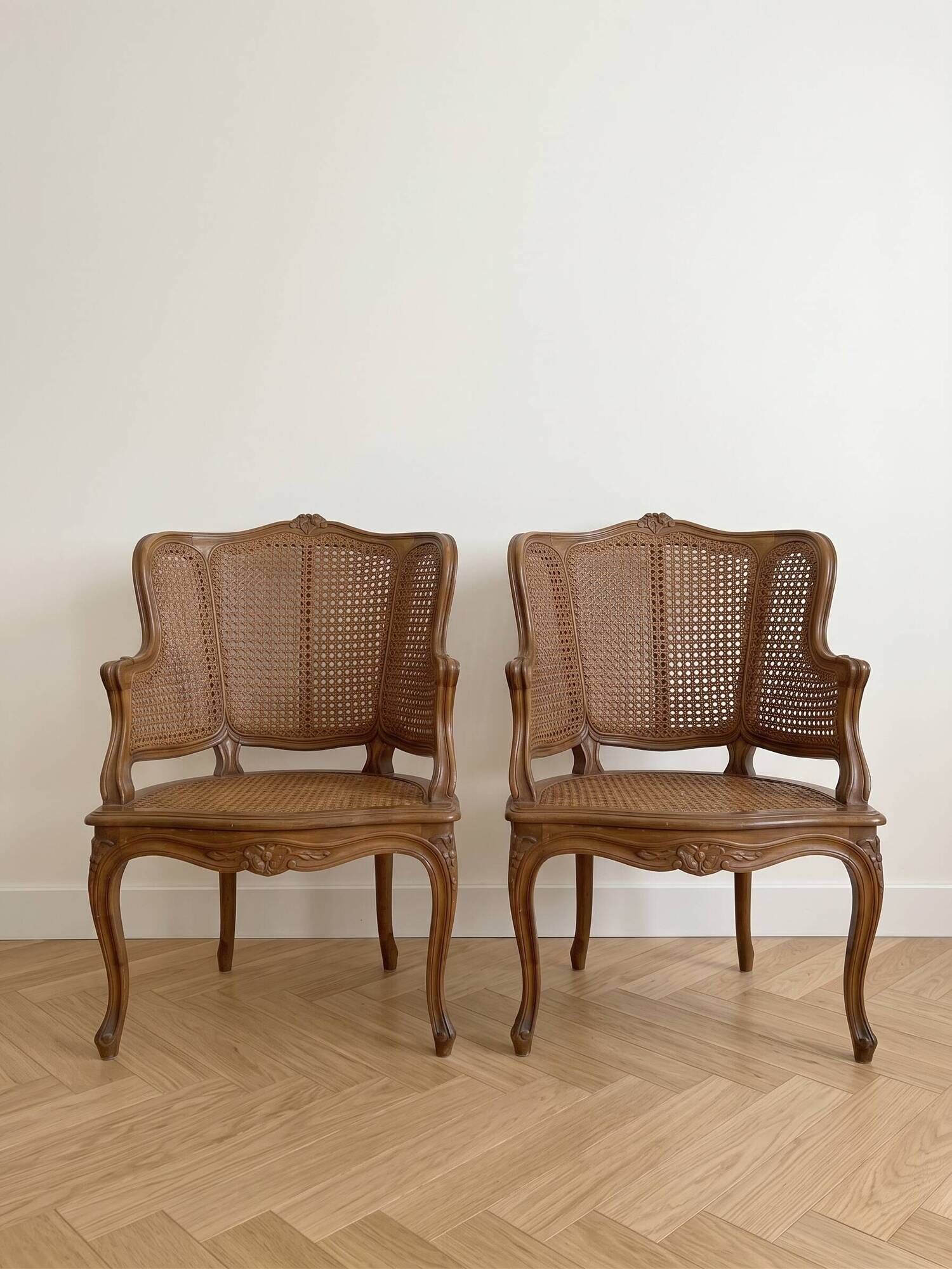 Pair of Louis XV armchairs in wood and caning