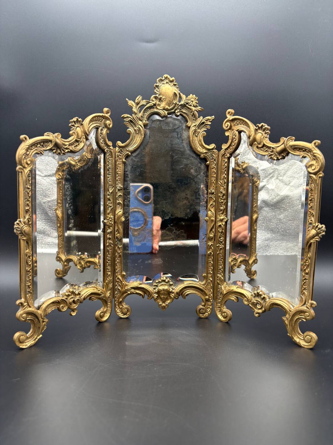 Miroir Triptyque, Bronze Doré, vers 1900.