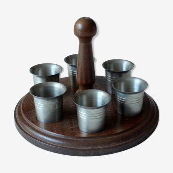 6 pewter liqueur cups on a wooden tray, vintage from the 1960s