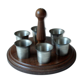 6 pewter liqueur cups on a wooden tray, vintage from the 1960s