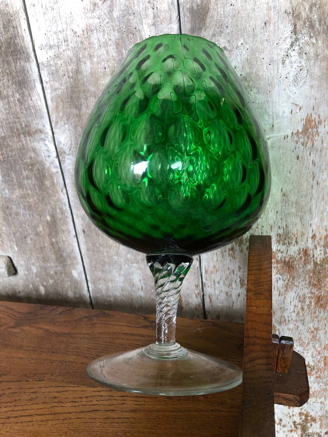Old vase on foot empoli green glass transparent foot vintage