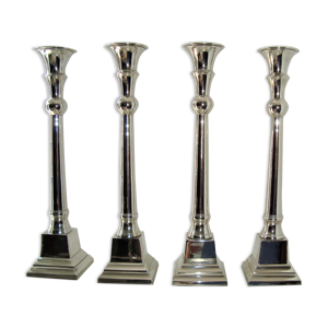 4 chandeliers colonnes candélabres métal argenté base carrée