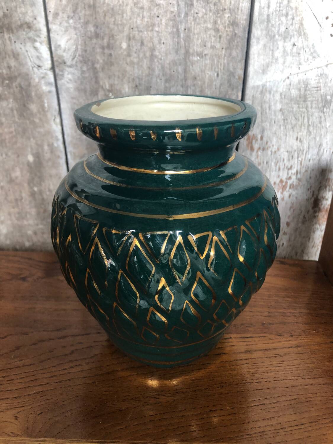 Old vallauris vase green ceramic & vintage gold decor #a798