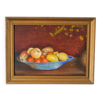 tableau huile sur panneau nature morte fruits citrons signé 1950