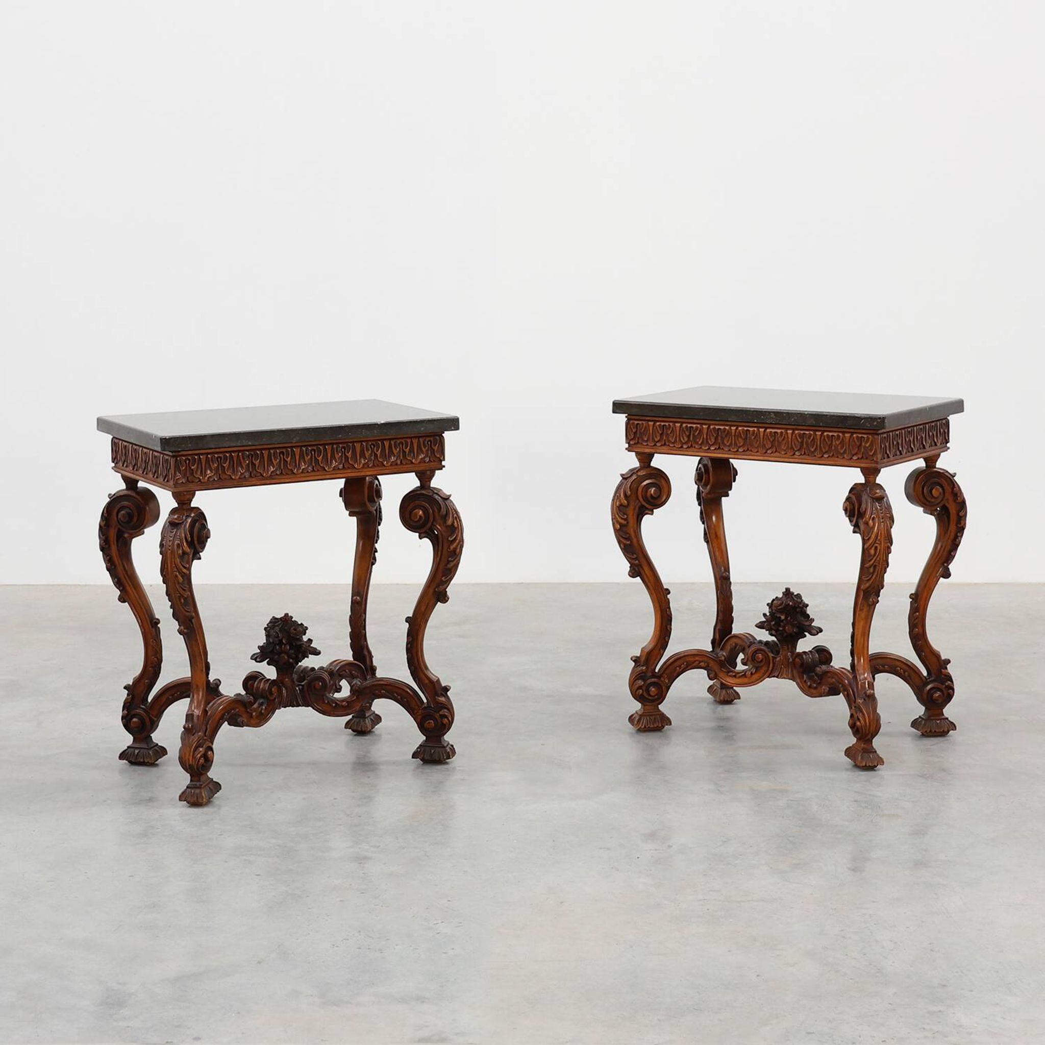Pair of Napoleon III style Walnut side tables with Bluestone tops, France