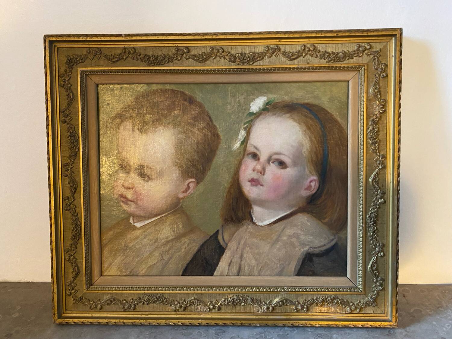 Old portrait of a girl and boy