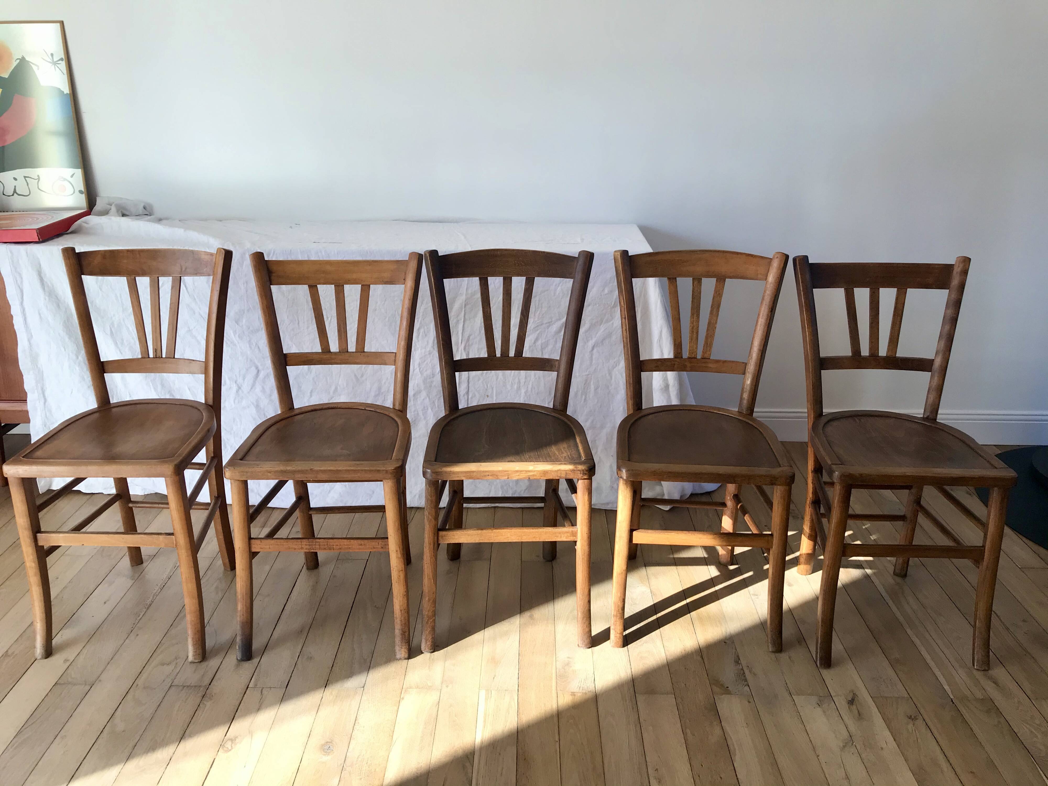 Set of 5 beech wood bistro chairs from the 1950s
