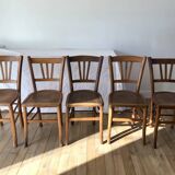 Set of 5 beech wood bistro chairs from the 1950s
