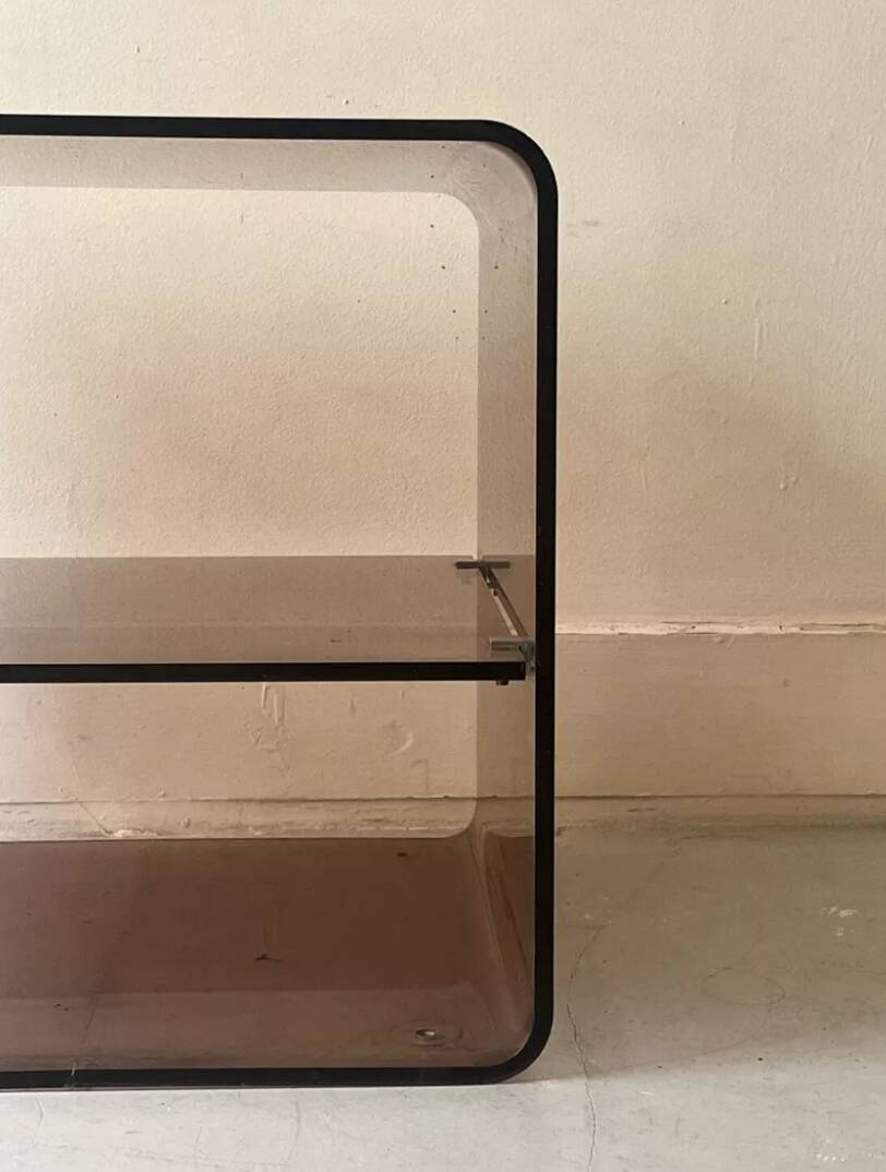 Smoked plexiglass side table/bedside table, M. Dumas for Roche Bobois 1970