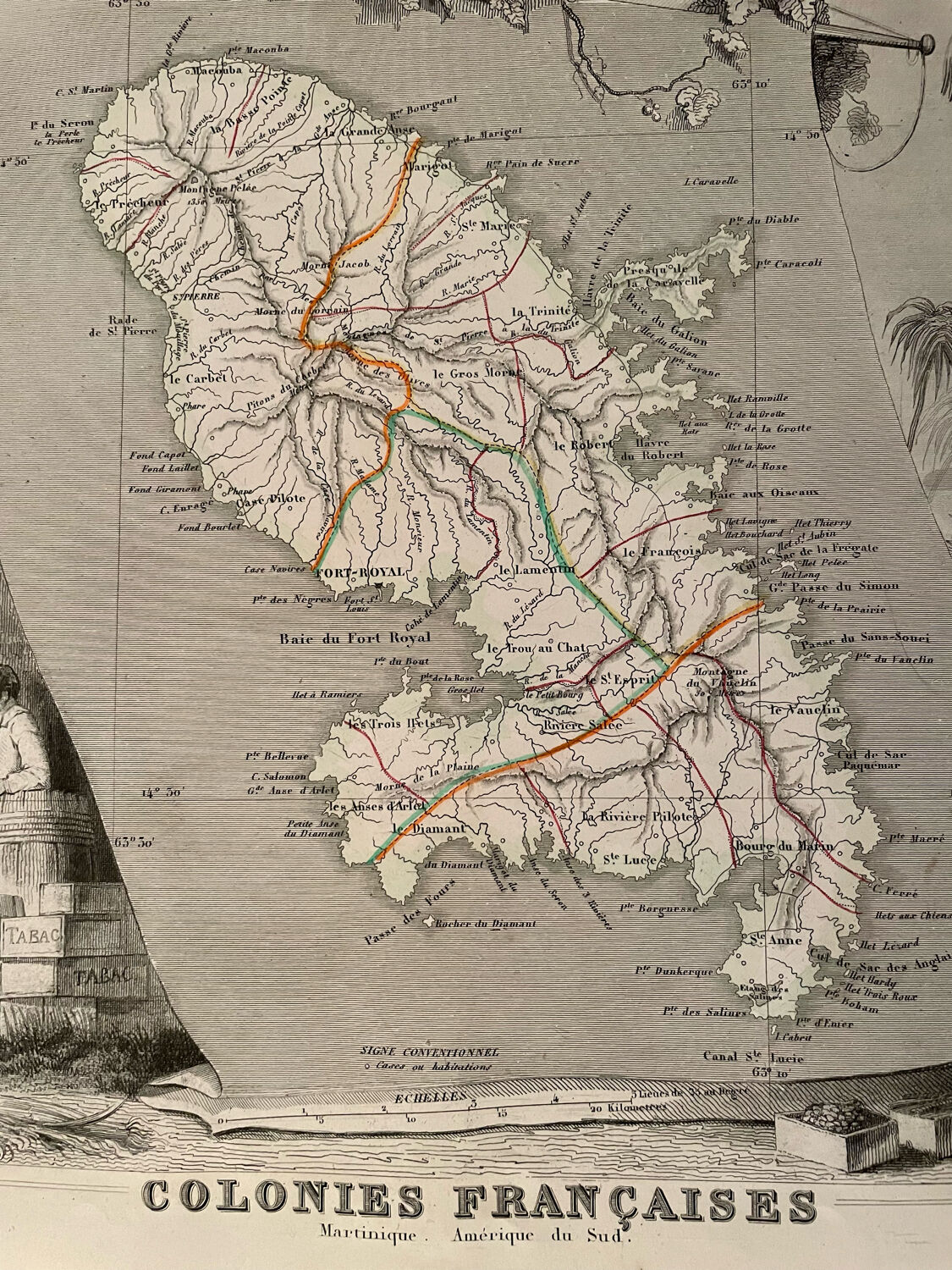 Illustrated map of Martinique and South America 1840