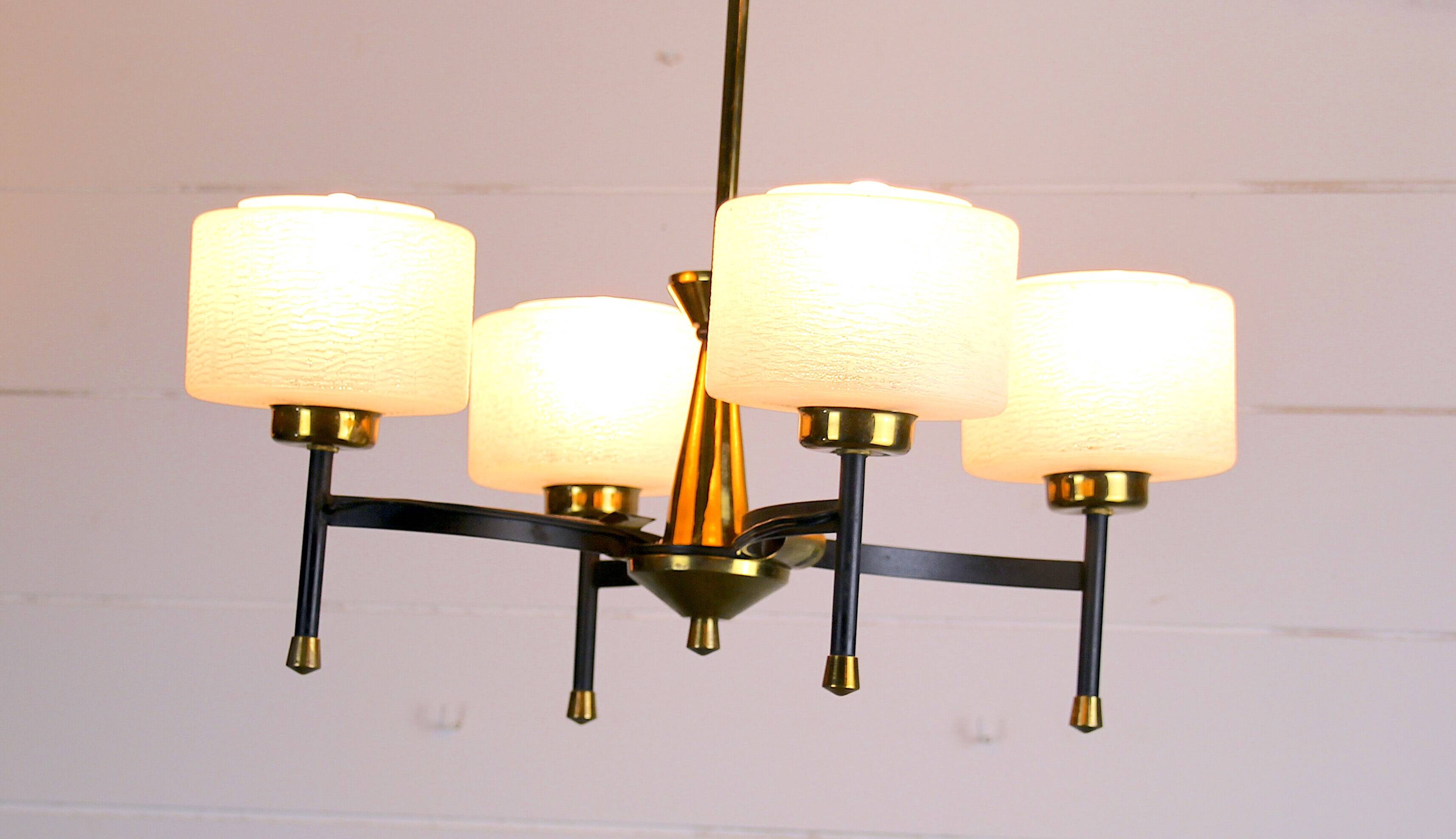 Maison Arlus, Mid-century chandelier, brass and opaline, France 1950