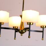 Maison Arlus, Mid-century chandelier, brass and opaline, France 1950