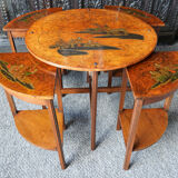 Tables imbriquées japonaises incrustées de Shibayama en noyer burr