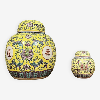 Deux pots à gingembre chinois vintage en porcelaine à décor de fleurs et symboles