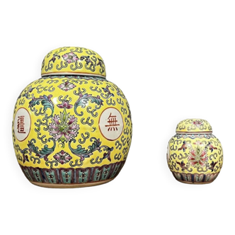 Deux pots à gingembre chinois vintage en porcelaine à décor de fleurs et symboles