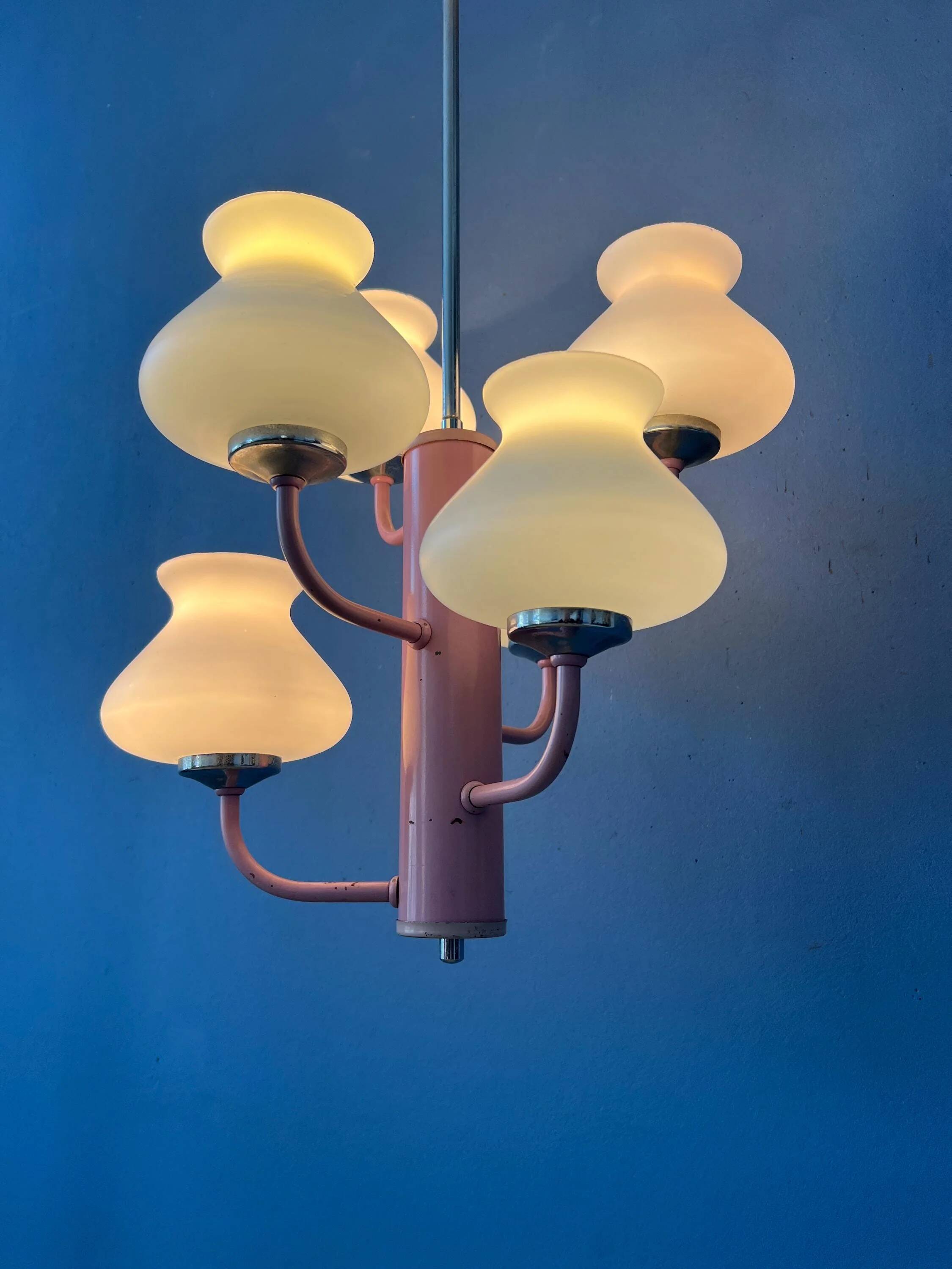 Mid-century opaline glass chandelier with a pink structure.
