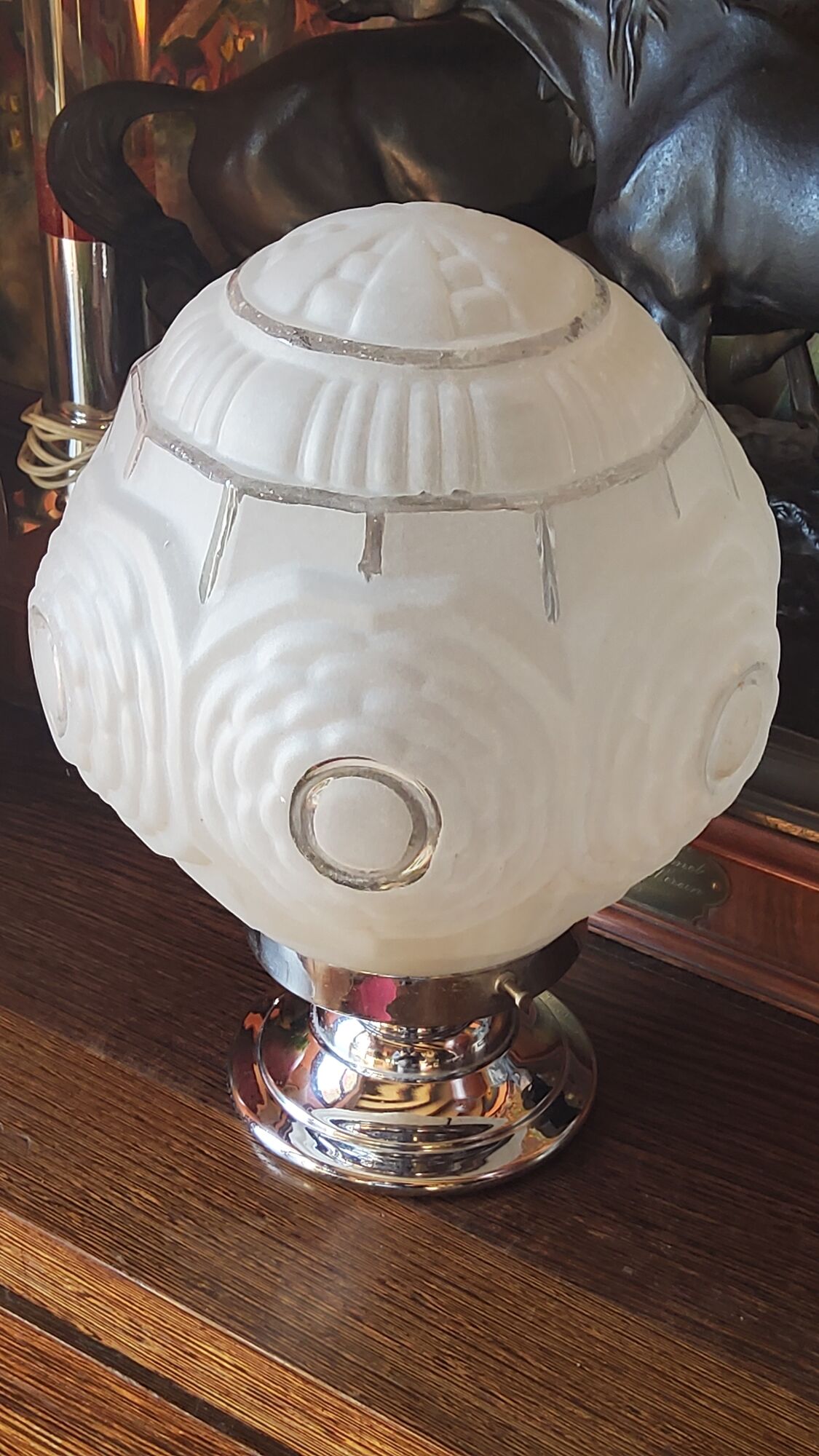Modernist art deco suspension ceiling lamp in glass and chromed metal