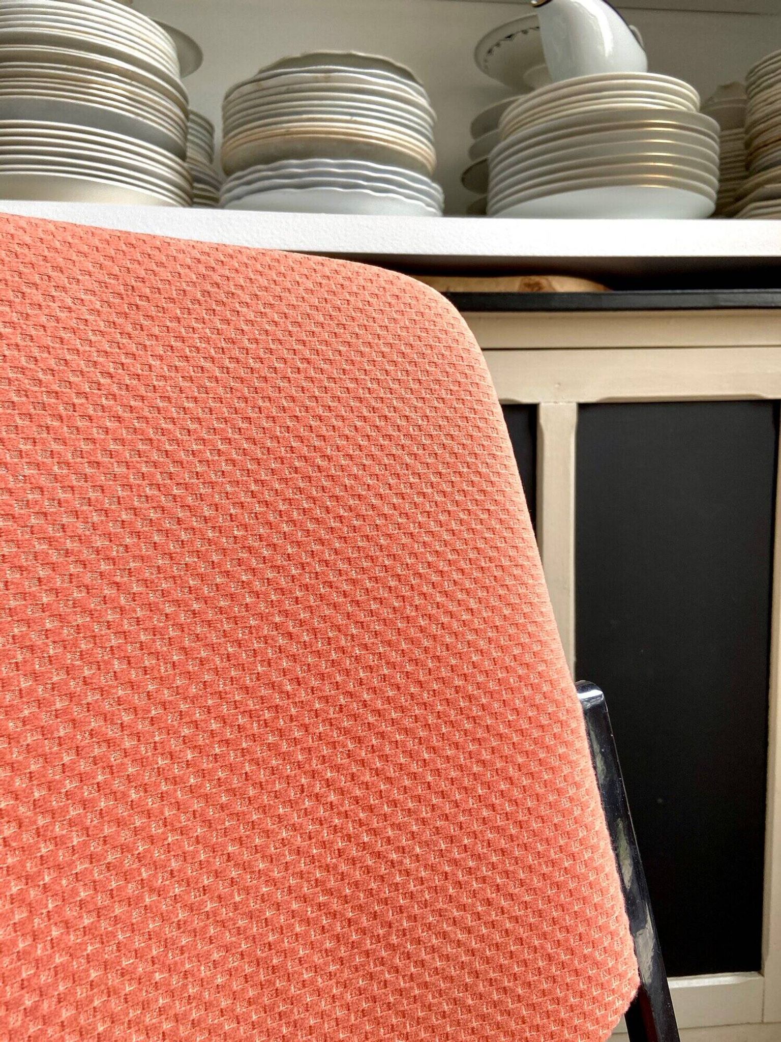 DSC 106 chair in peach cotton and black metal by Giancarlo Piretti for Anon