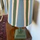 Pair of vintage wooden lamps with beige, blue and green striped lampshades