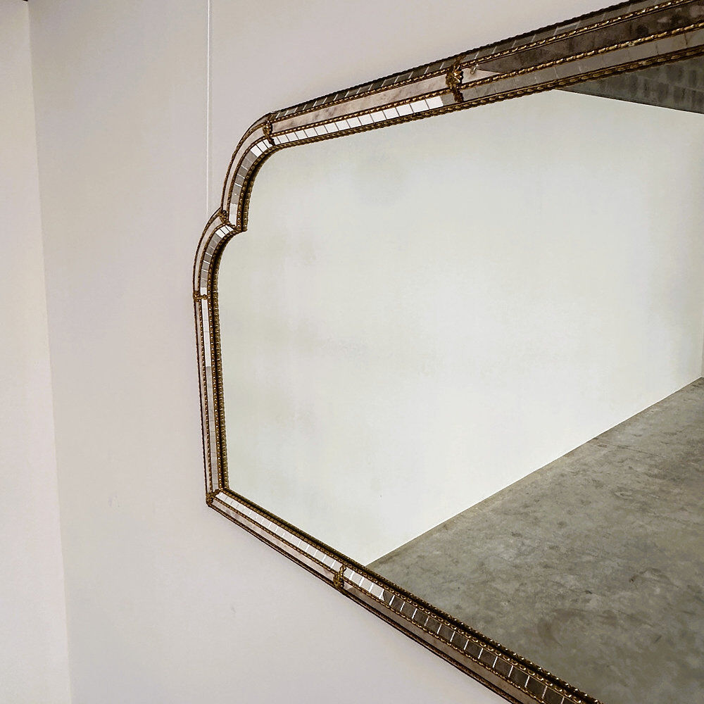 Large Spanish gilt brass & smoked mirror decorative wall mirror, 1980s