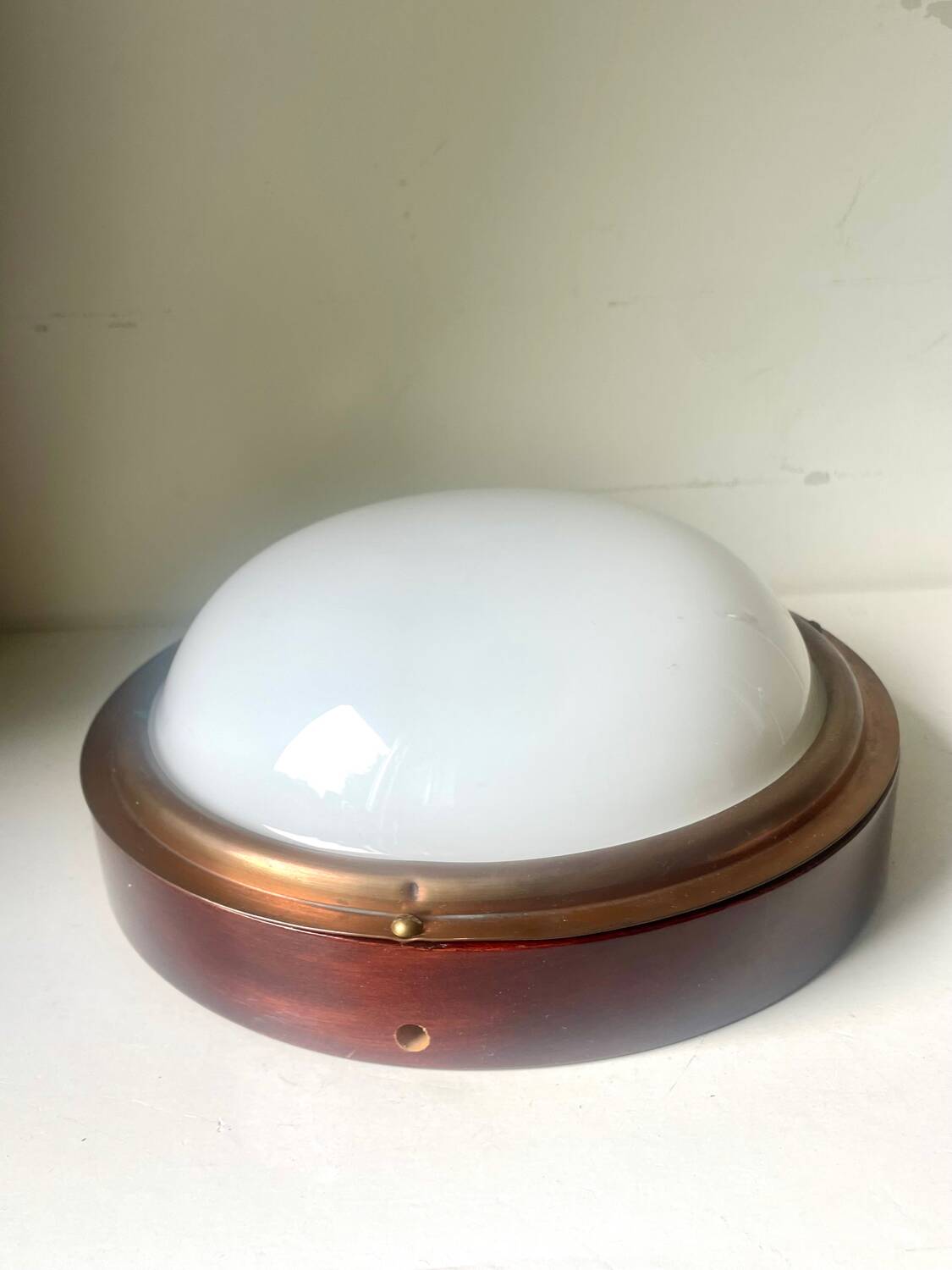 Vintage  wall or ceiling light in Mahogany & copper with  glass from a yacht